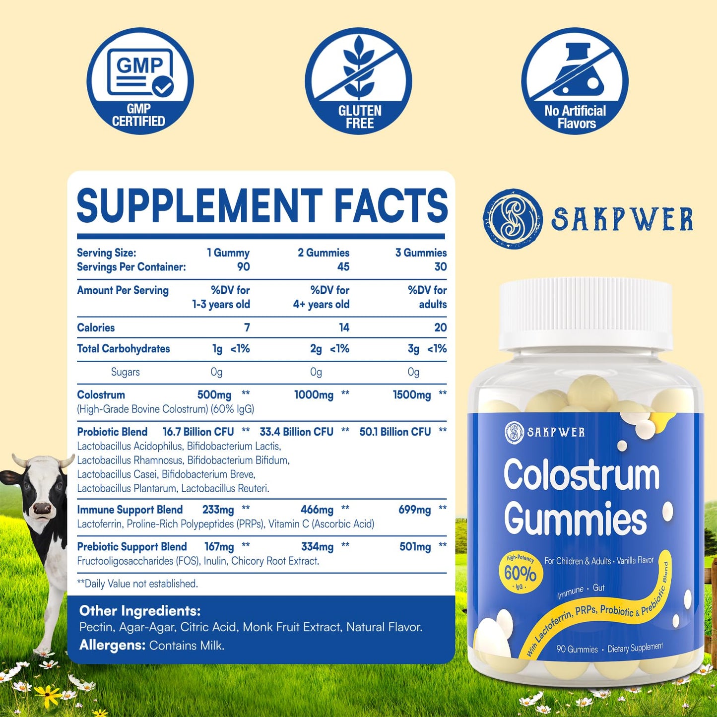 Sakpwer Bovine Colostrum Supplement Gummies - with 60% Highest IgG, Lactoferrin, Probiotics and Prebiotics for Adults and Kids