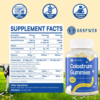 Sakpwer Bovine Colostrum Supplement Gummies - with 60% Highest IgG, Lactoferrin, Probiotics and Prebiotics for Adults and Kids