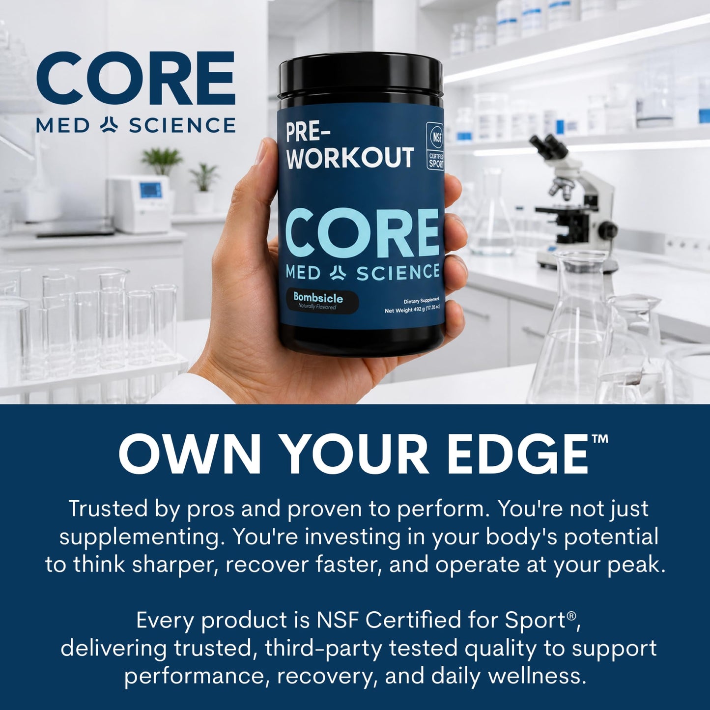 Core Med Science Creatine Monohydrate Powder 90 Servings - NSF Certified for Sport, 5g Pure Micronized Creatine, Unflavored Supplement for Strength, Recovery