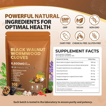 18-in-1 Wormwood Black Walnut Clove Parasite Cleanse | Gut Cleanse & Detox ,Digestive Balance with Garlic, Turmeric, Pumpkin Seed, Oregano