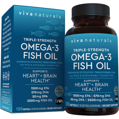 Viva Naturals Omega 3 Fish Oil Supplement for Women and Men - 2500 mg Triple Strength Fish Oil per Serving with Omega 3 Fatty Acids Including EPA, DHA DPA