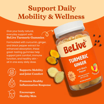 BeLive Turmeric and Ginger Gummies - 500mg - Joint and Mobility Support Supplement - Curcumin with Black Pepper for Enhanced Absorption