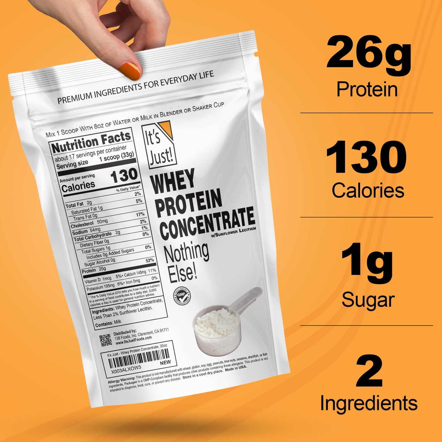 It's Just! - 100% Whey Protein Concentrate, GLP Friendly, Made in USA, No RBST/rBGH Hormones, Premium WPC-80, No Added Flavors or Artificial Sweeteners (1.25 Pound, Unflavored)