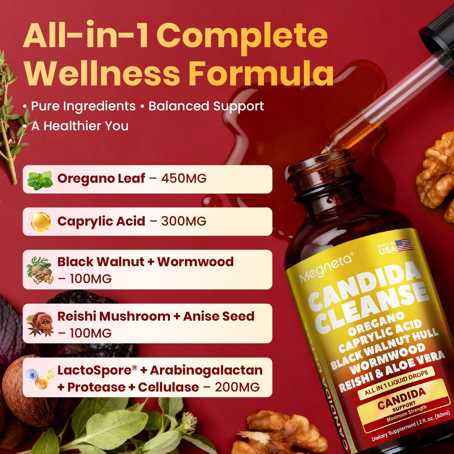 Candida Cleanse Detox with Triple-Targeting Technology, All-in-1 Synergy Formula with Caprylic Acid, Oregano, Black Walnut & Wormwood – Yeast Detox, Gut Health
