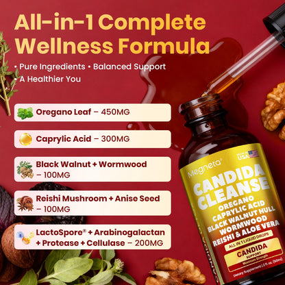 Candida Cleanse Detox with Triple-Targeting Technology, All-in-1 Synergy Formula with Caprylic Acid, Oregano, Black Walnut & Wormwood – Yeast Detox, Gut Health