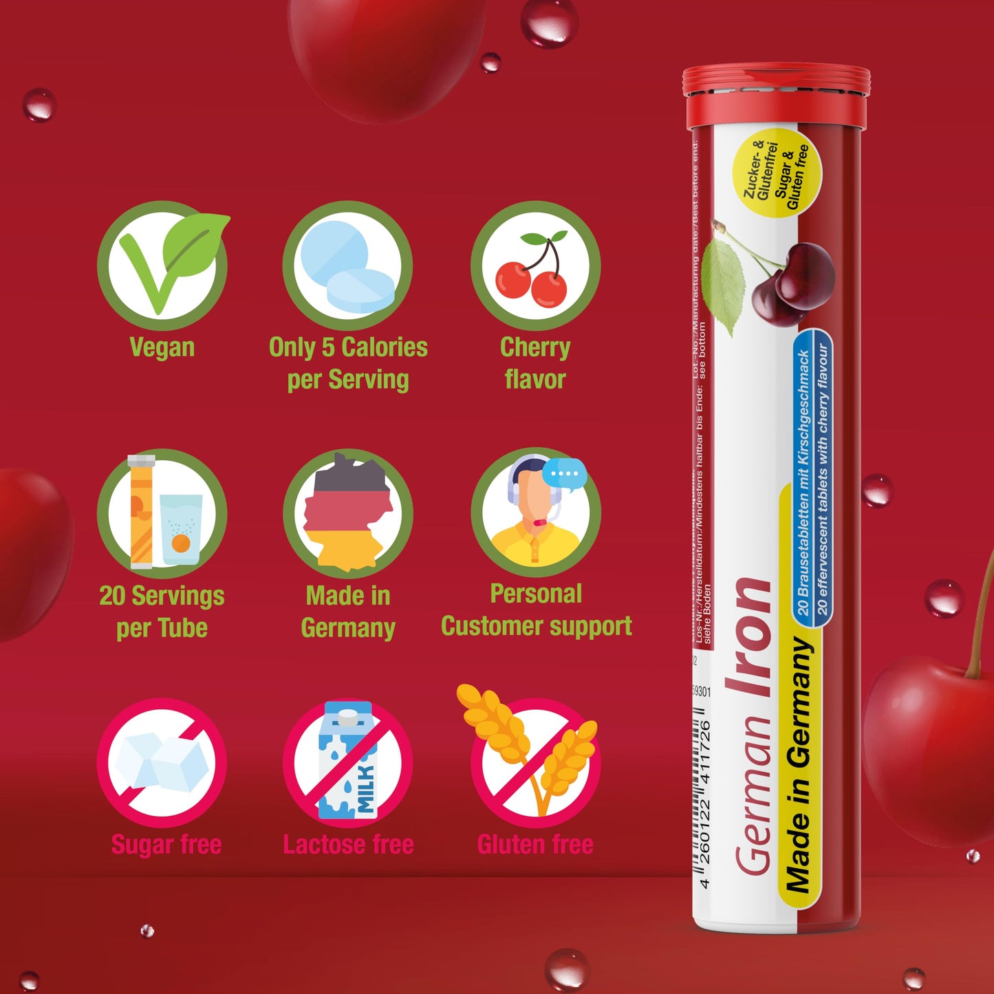 T&D German Iron 14 mg - 40 Vegan Drink Effervescent Tablets - Cherry Flavor - Made in Germany T&D buy supplements Au