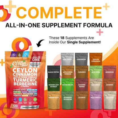 Ceylon Cinnamon Capsules + Apple Cider Vinegar Turmeric Supplement Ginseng Cayenne Pepper Bitter Melon Aloe Vera Fenugreek Milk Thistle Chromium