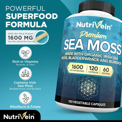 Nutrivein Organic Sea Moss 1600mg Plus Bladderwrack & Burdock - 120 Caps for Adults - Prebiotic Super-Food - Immune System & Digestive Health