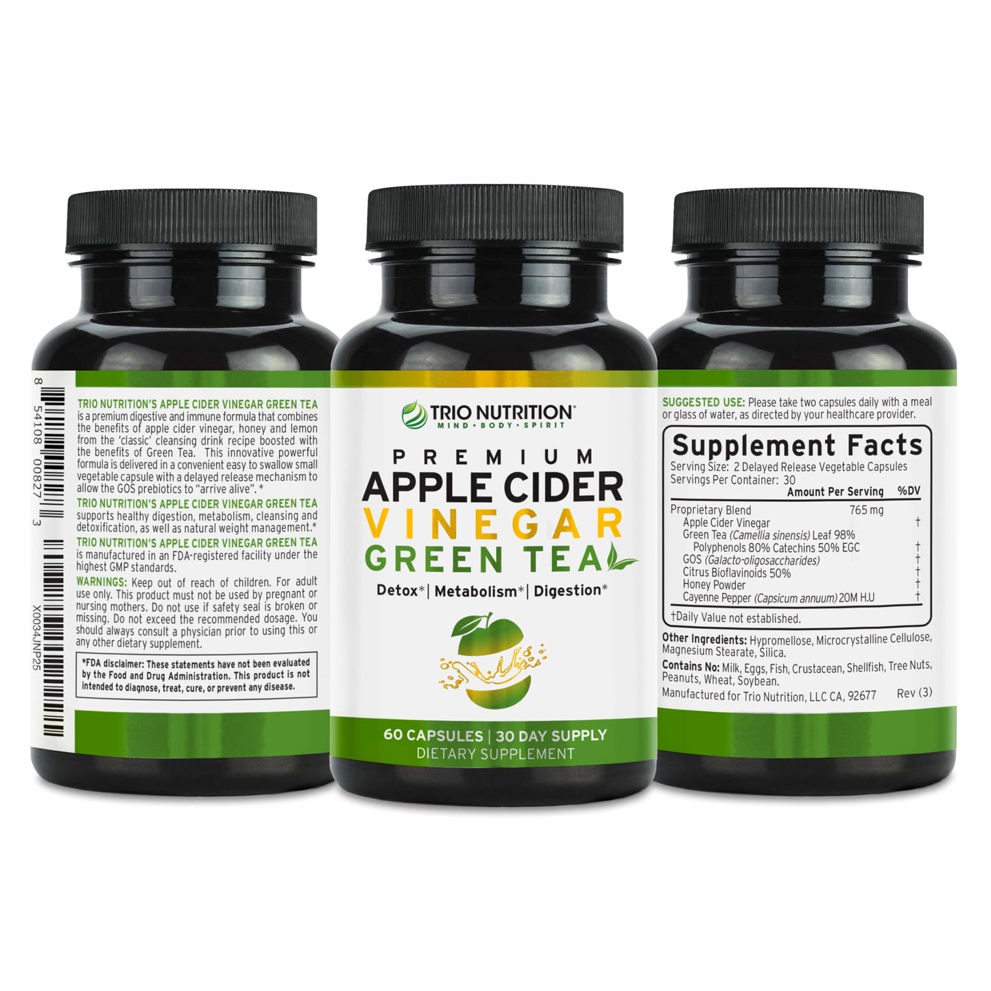 TRIO NUTRITION Apple Cider Vinegar Capsules with Green Tea - Natural Sugar Free Apple Cider Vinegar Pills with the Mother for Body Cleanse, Immune