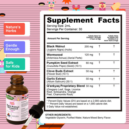 Q'ankyaq Black Walnut Wormwood Liquid for Kids, Gut Cleanse for Children Drops, Natural Detox Support, Gut & Immune Support with Cloves, Garlic,