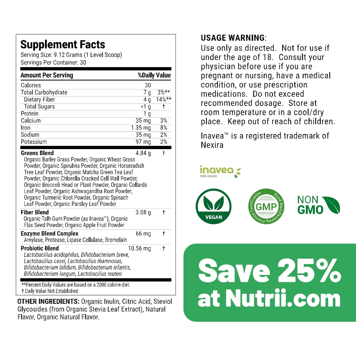 Nutrii Organic Green Immunity Superfood Powder - Soothes Digestion, Boosts Healthy Vitality and Energy. Fast Acting Formula with Probiotics, Enzymes,