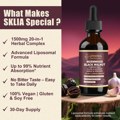 SKLIA 20-in-1 Liposomal Wormwood Black Walnut Cleanse for Humans Drops Liquid – Rapid Gut Cleanse & Digestive Support with Clove, Berberine, Garlic, Soursop