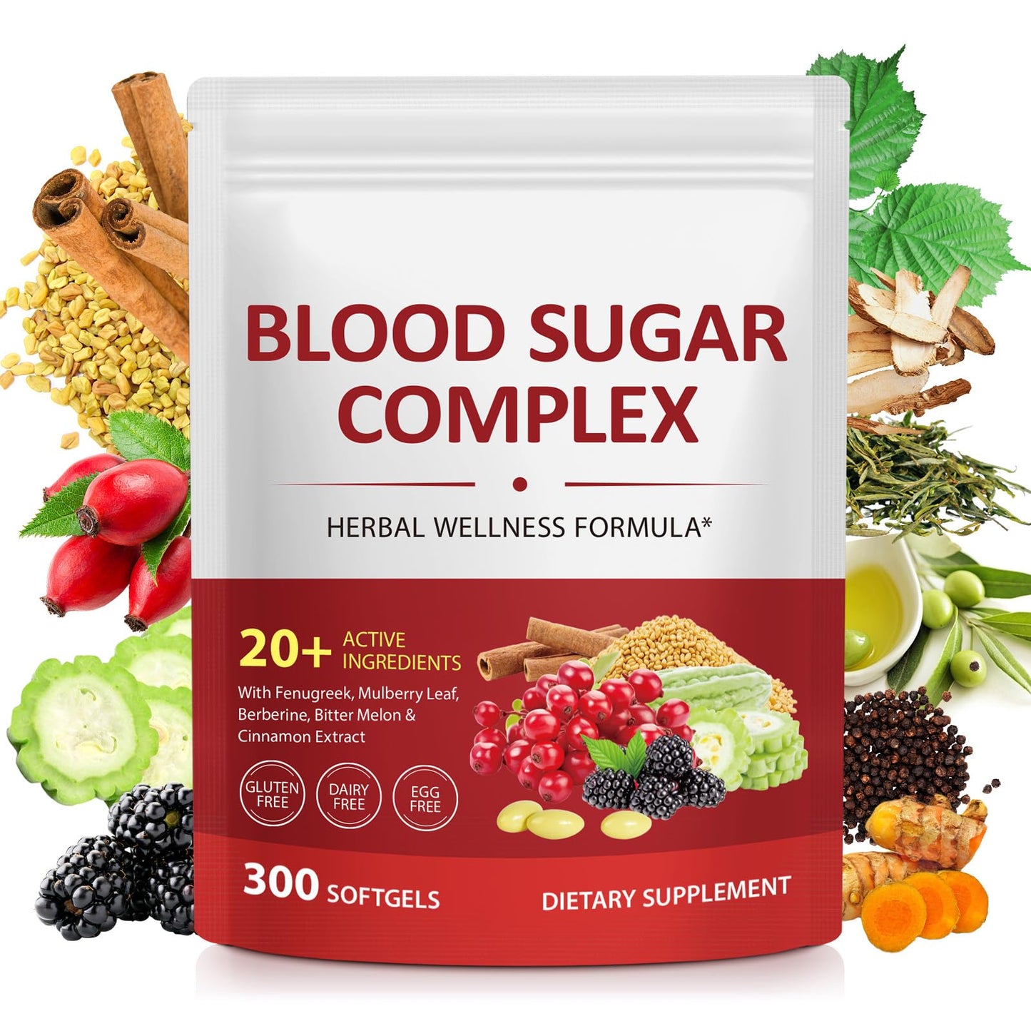 300 Softgels Blood Sugar Complex Supplement | 20+ Active Herbs-Berberine, Cinnamon, Bitter Melon, Mulberry Leaf, Fenugreek, Vitamins for Energy Level