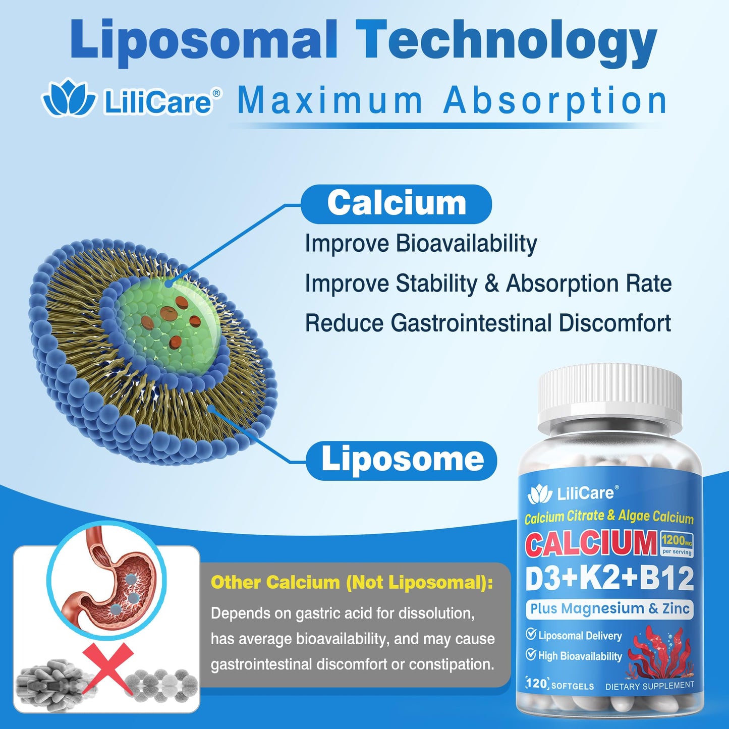 Calcium 1200 mg with Vitamin D3 K2 5000 IU Softgels Supplement for Women Men - Liposomal Calcium Citrate & Algae Calcium Magnesium Zinc + D3 K2 B12