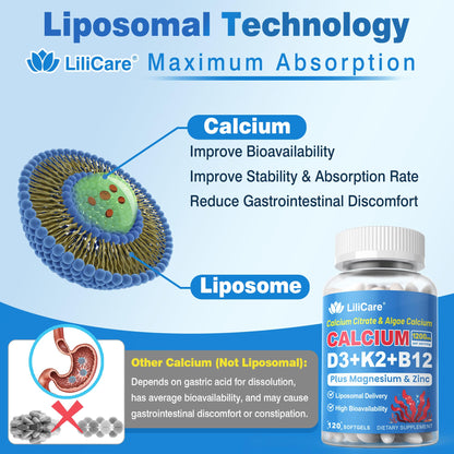 Calcium 1200 mg with Vitamin D3 K2 5000 IU Softgels Supplement for Women Men - Liposomal Calcium Citrate & Algae Calcium Magnesium Zinc + D3 K2 B12