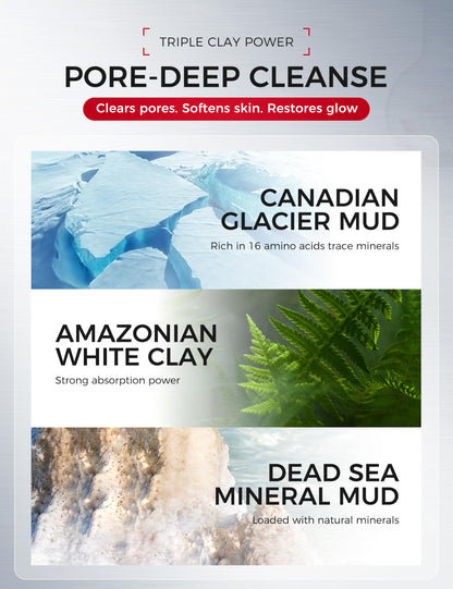 NING DERMOLOGIE Clay Mask for Face & Sensitive Skin: Triple Mud Formula Deep Cleans Pores Reduces Acne Balances Oil & Improves Texture - 3.88 Oz