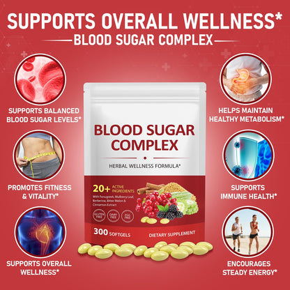300 Softgels Blood Sugar Complex Supplement | 20+ Active Herbs-Berberine, Cinnamon, Bitter Melon, Mulberry Leaf, Fenugreek, Vitamins for Energy Level