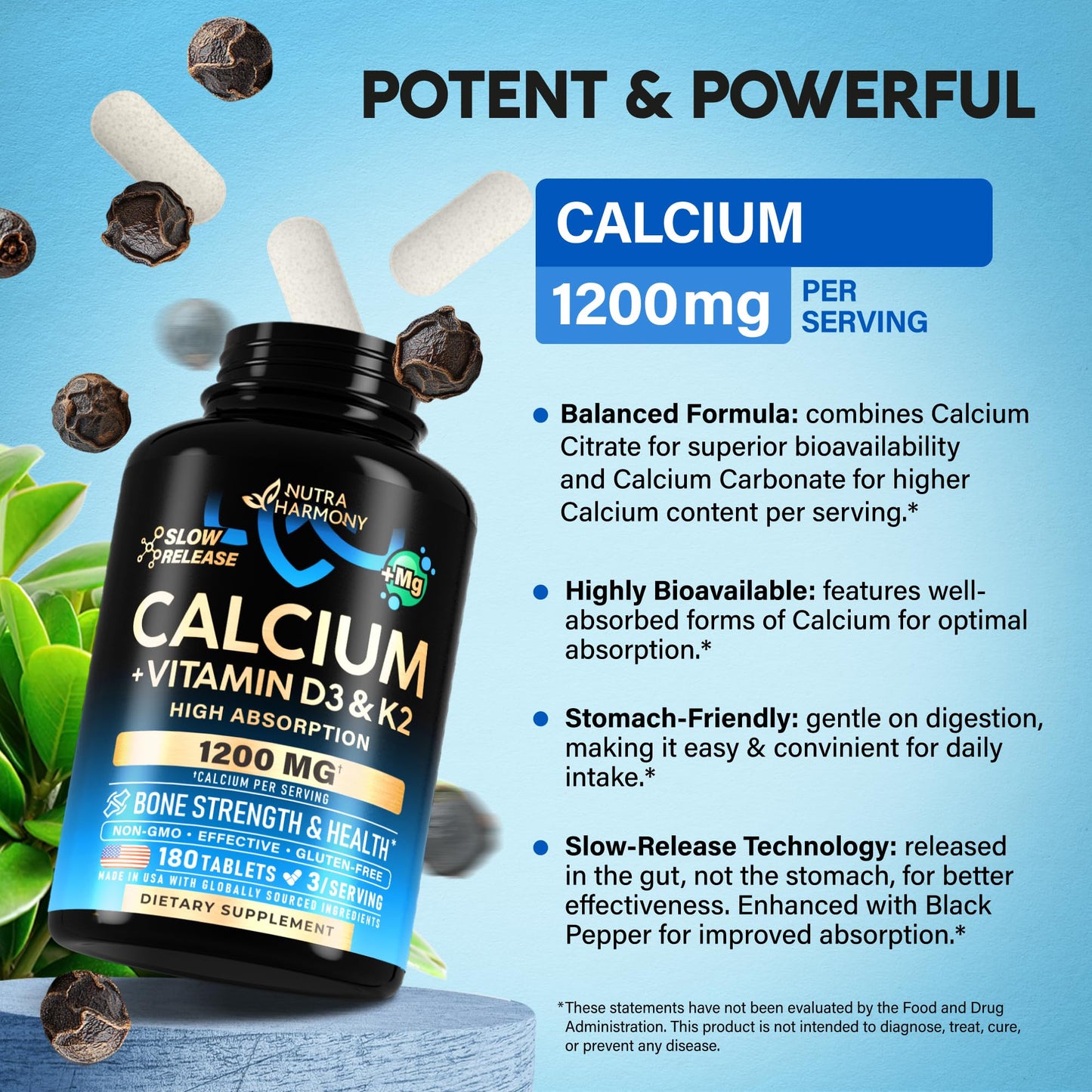 Calcium 1200 mg with Vitamin D3 - Calcium Citrate Supplements for Women & Men - Bone Health, Strength & Density - High Absorption & Slow Release