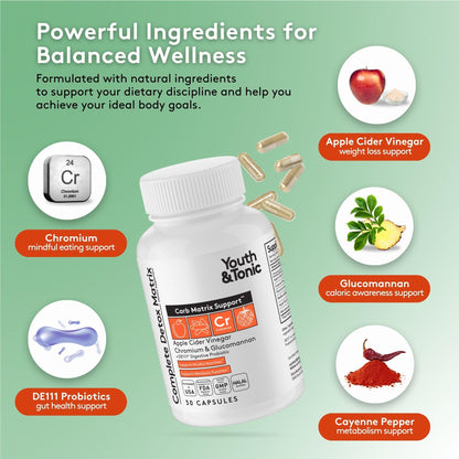 Youth & Tonic Balanced Detox Pills as Complete Gut Cleanse & Carb Matrix Support with ACV, Glucomannan, Chromium for Body Detoxing & Digestive Health, Supplement for Men & Women, Third-Party Tested