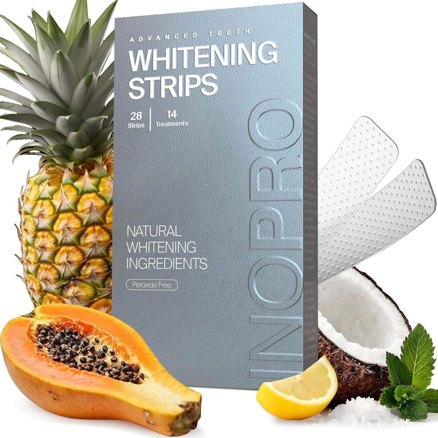 InoPro Natural Teeth Whitening Strips Kit 14 Treatments - Sensitive Teeth Whitener, Peroxide Free with Papain, Bromelain, Coconut Oil