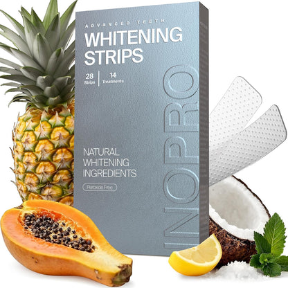 InoPro Natural Teeth Whitening Strips Kit 14 Treatments - Sensitive Teeth Whitener, Peroxide Free with Papain, Bromelain, Coconut Oil