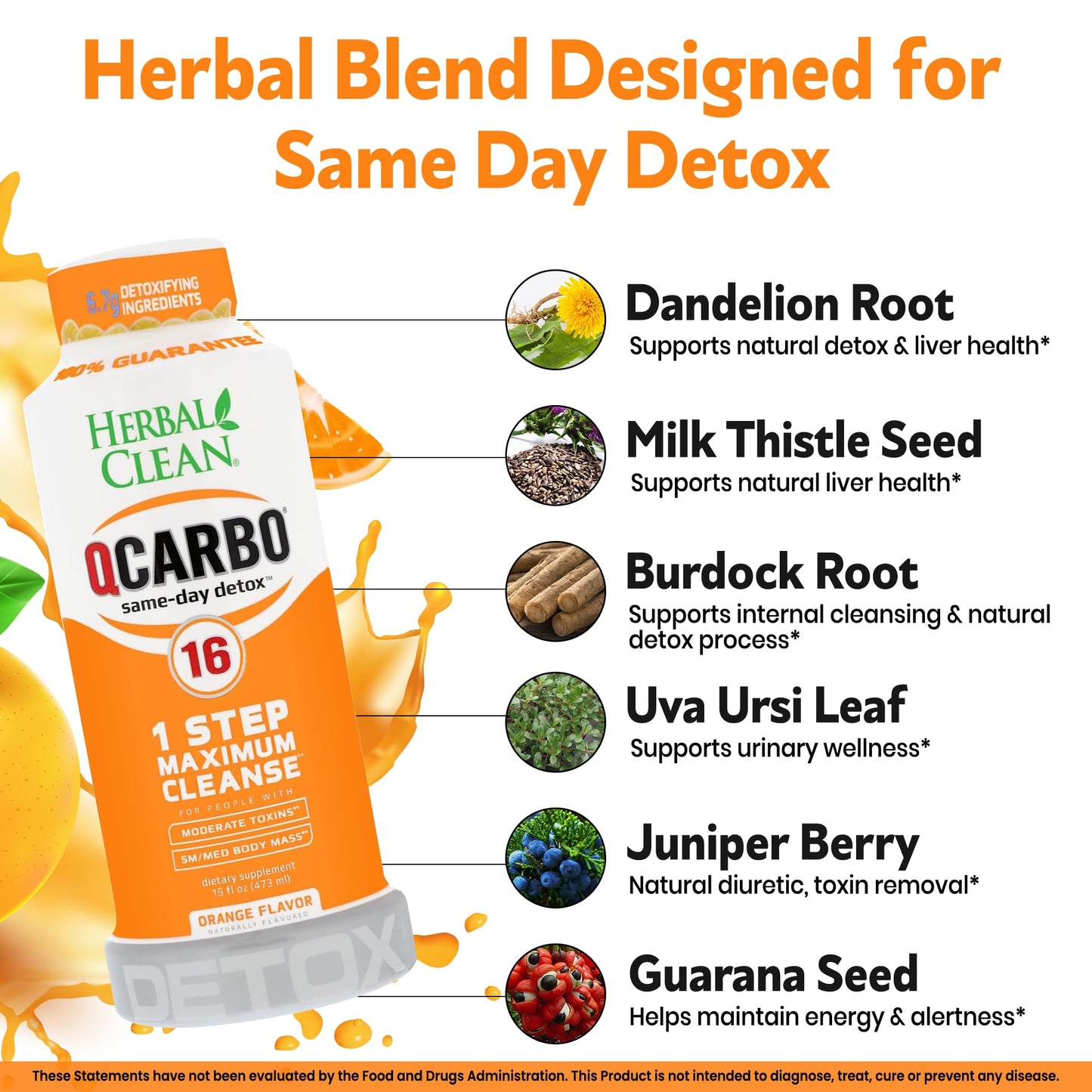 Herbal Clean Qcarbo16 Same-Day Detox Cleanse Drink (16 fl oz) - Orange Flavor Full Body Cleanse* Detox Drink for Moderate Toxin Level