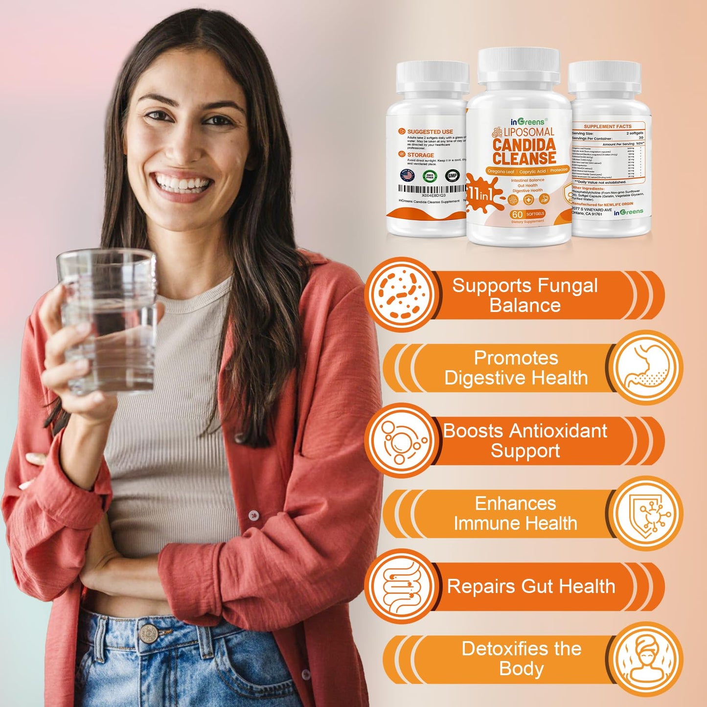 inGreens 11-in-1 Candida Support Supplement, Antifungal Overgrowth, Intestinal Detox & Gut Health for Women & Men, Balance Probiotic