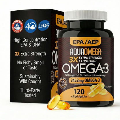 AQUAOMEGA 3X Extra Strength Omega-3 Fish Oil for Heart, Brain & Immune Support, 1636mg EPA, 544mg DHA + Vitamin D3, Full Natural Triglyceride Form,