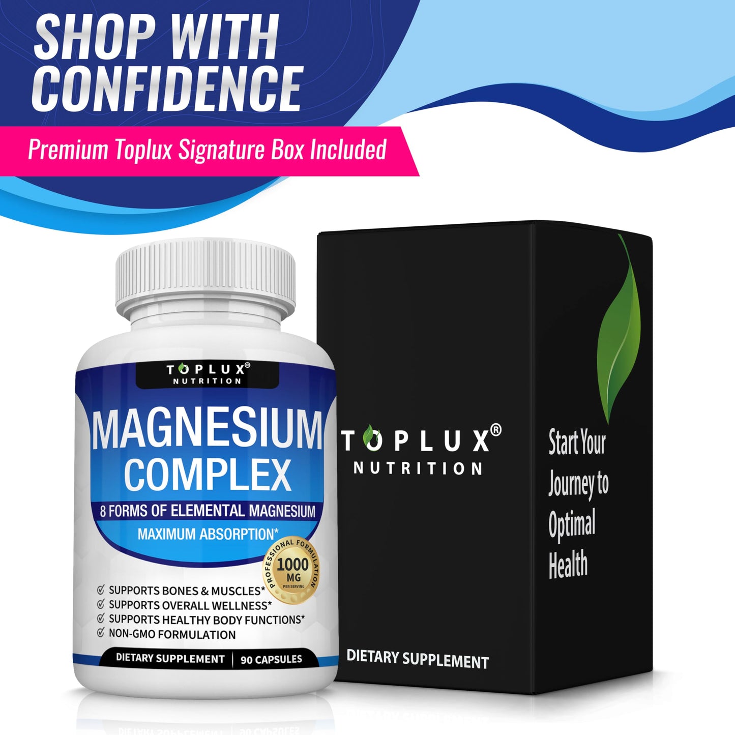 Magnesium Complex Supplement 8 Elemental 1000mg - Magnesium Glycinate, Citrate, Malate, Taurate, Chelated for Easy Absorption for Bones, Muscle, Recovery, Energy, Vegan Non-GMO 90 Capsules Toplux buy supplements Au