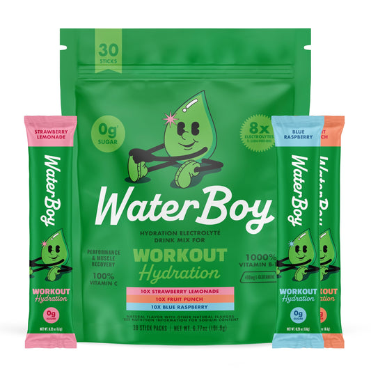Waterboy Workout Hydration | 2,960mg Sugar Free Electrolyte Powder Packets | L-Glutamine + Vitamins | No Sugar, All Natural, Gluten Free (Variety)