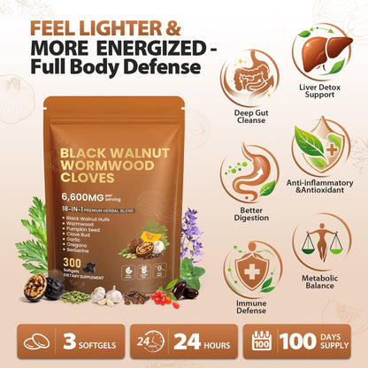18-in-1 Wormwood Black Walnut Clove Parasite Cleanse | Gut Cleanse & Detox ,Digestive Balance with Garlic, Turmeric, Pumpkin Seed, Oregano