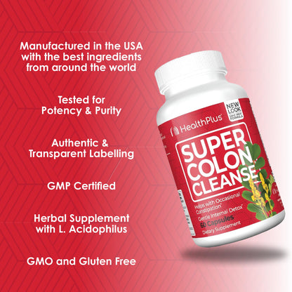Health Plus Super Colon Cleanse 15 Day Supply of Gentle Gut Cleanse Detox, Psyllium Husk, Probiotics for Constipation