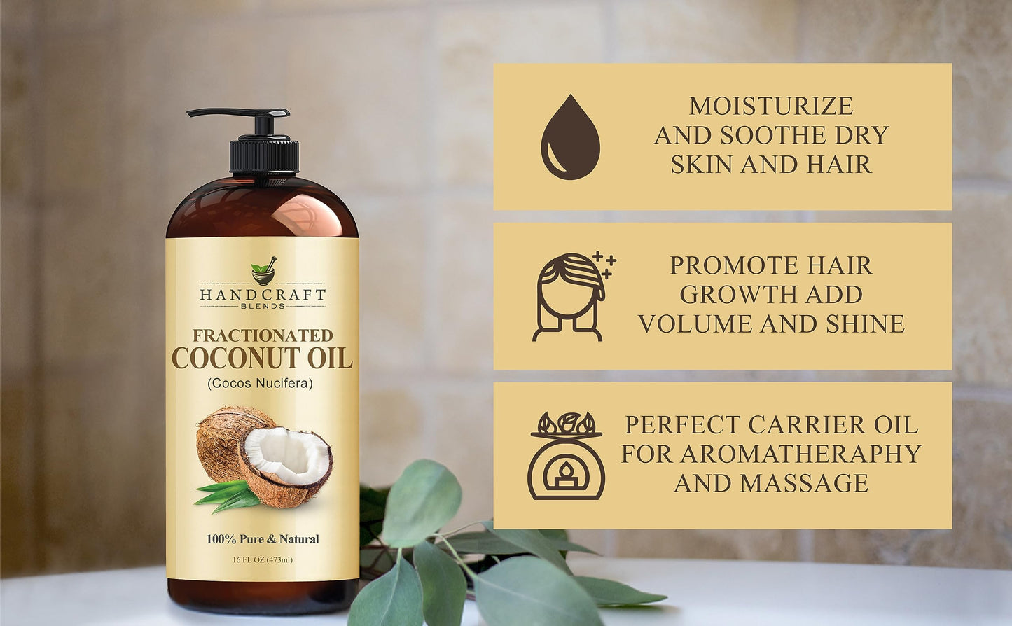 Handcraft Blends Fractionated Coconut Oil - 16 Fl Oz - 100% Pure and Natural - Premium Grade Carrier Oil for Skin, Hair and Body - Massage - Hair Tonic