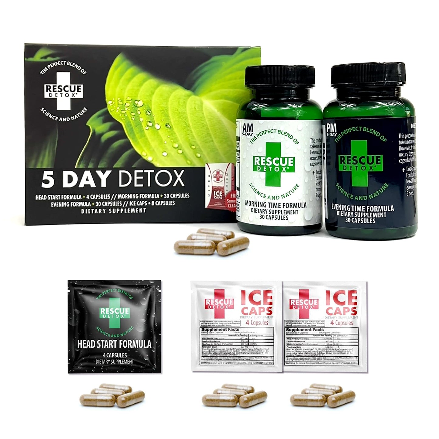 Rescue Detox 5 Day Detox Kit - 72ct Capsules | Comprehensive Full Body Cleanse with Bonus Instant ICE Caps