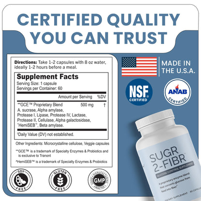 OPTIVIDA Sugr-2-Fibr - Natural Blood Sugar Support Supplement with Enzyme Technology - Glucose Support Supplement - Sugar to Fiber for Gut & Energy Levels