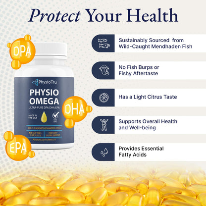 Physio Omega 2400mg Fish Oil with Omega 3 Fatty Acid Supplement - Vascular & Cognitive Supplements for Adults - Non-GMO, Burpless, Light Citrus Flavor
