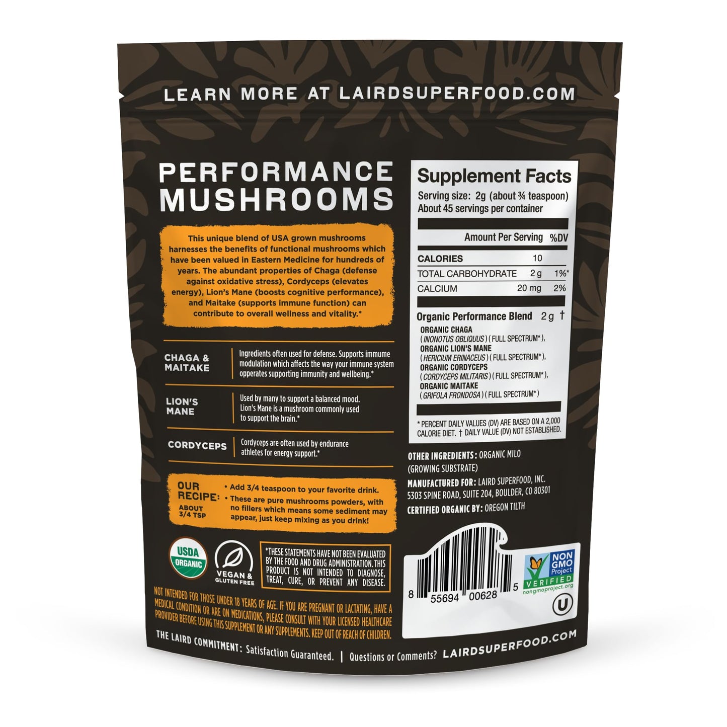 Laird Superfood Organic Performance Mushroom Blend with Chaga, Cordyceps, Lion's Mane and Maitake for Energy