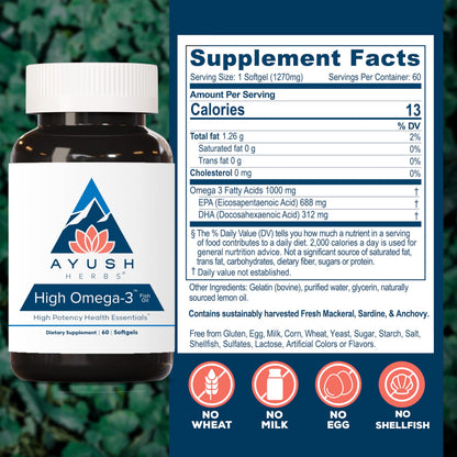 Ayush Herbs High Omega 3 - Omega 3 Fish Oil, 1000mg Per Capsule, EPA & DHA Fish Oil Supplement for Women & Men,