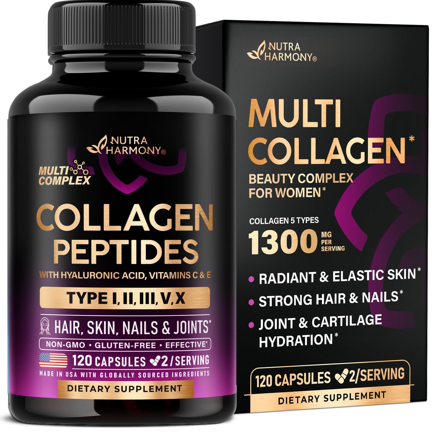 Multi Collagen Peptides - Hydrolyzed Types I, II, III, V & X - Collagen Supplement for Women 1300mg - w/ Hyaluronic Acid, Vitamins C & E - Skin, Hair
