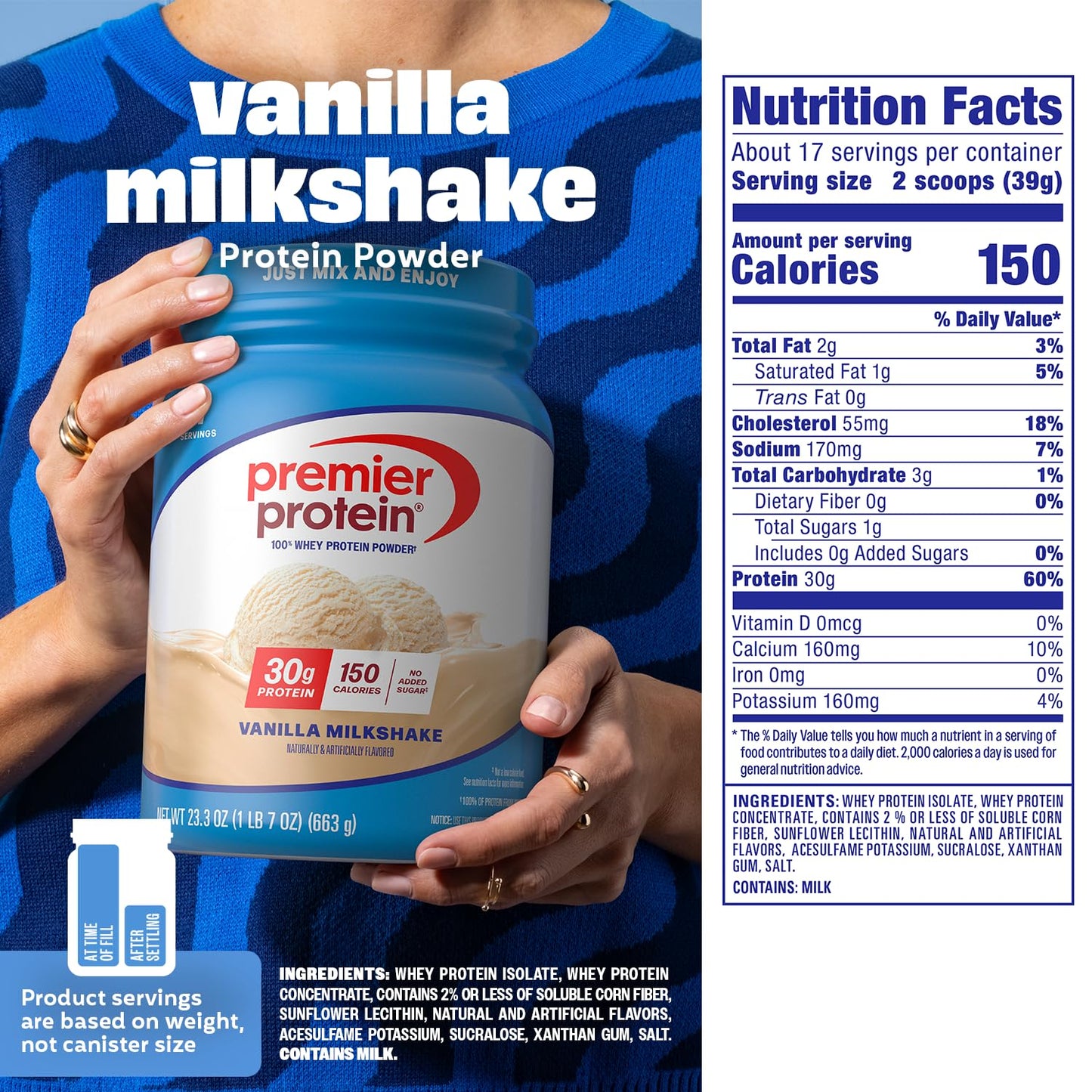 Premier Protein Powder, Vanilla Milkshake, 30g Protein, 1g Sugar, 100% Whey Protein, Keto Friendly, No Soy, Gluten Free, 23.3 oz (17 Servings)