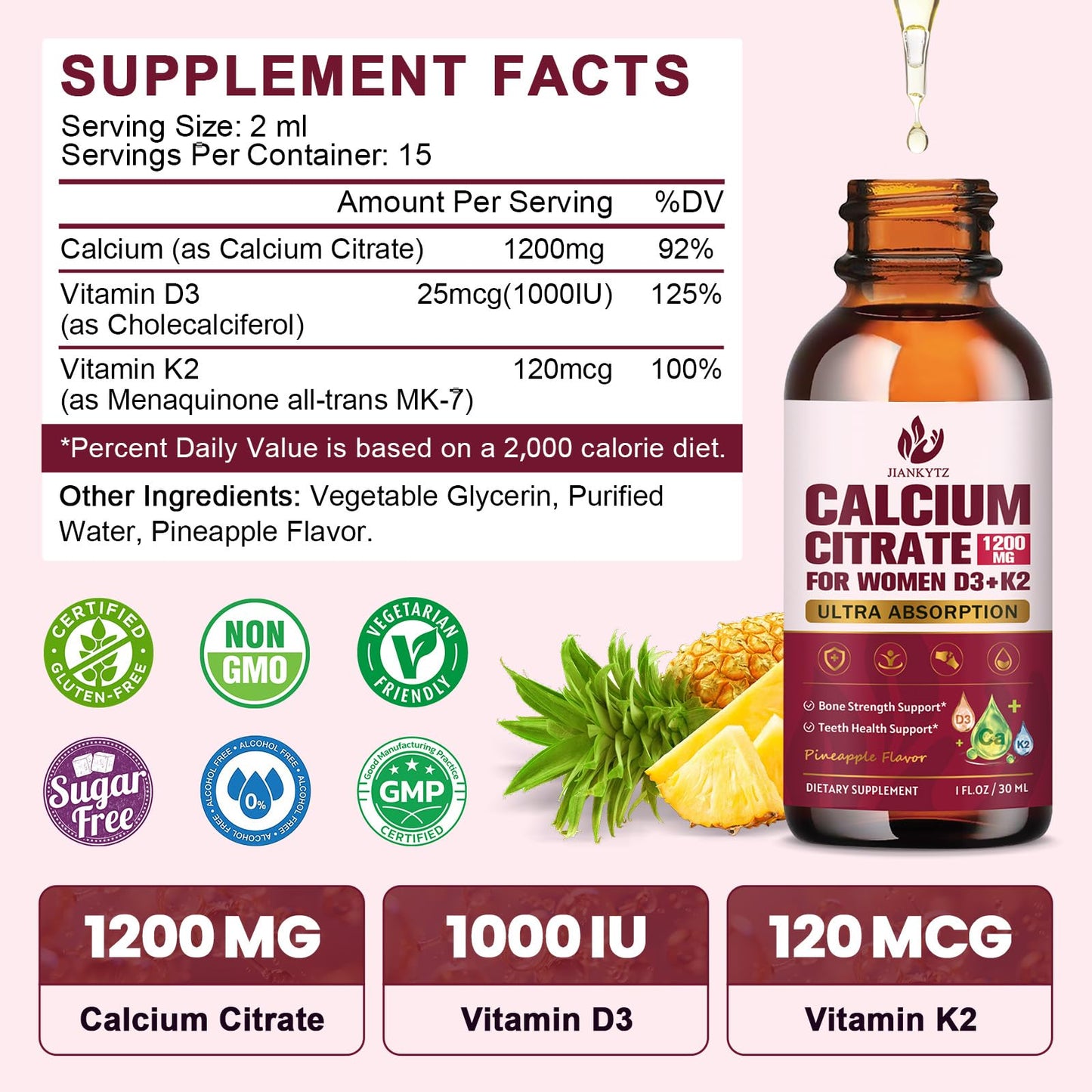 (2 Pack) Calcium Citrate with Vitamin D3 Liquid Drops for Women - Bones, Teeth, Immune Support, 1200mg Calcium Citrate Liquid Drops