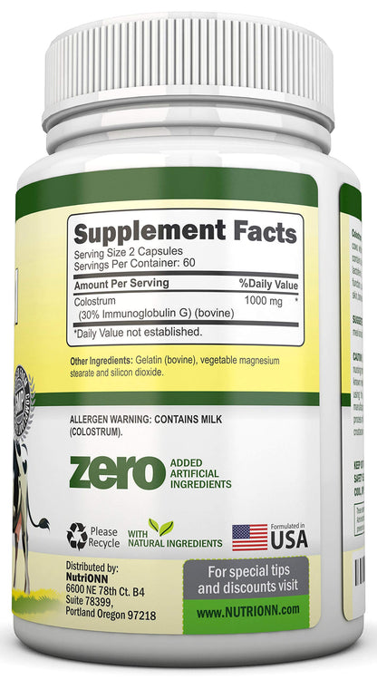Colostrum - 1000mg - 120 Capsules - 30% IgG - Non-GMO US Dairy - First Milking Bovine Colostrum - Low Heat Processed - Great for GI Tract Health