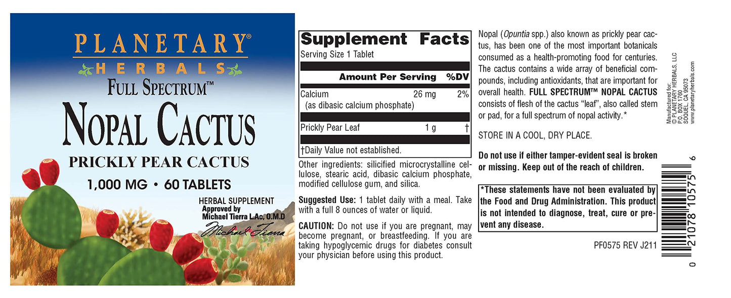 Planetary Herbals Full Spectrum Nopal Cactus 1000mg Prickly Pear Cactus Antioxidant - 100% Natural - 60 Tablets