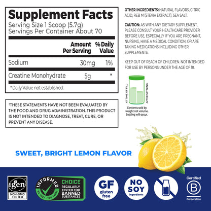 Orgain Creatine Monohydrate Micronized Powder, Lemonade Flavored, 5g Creatine, 70 Servings, Supports Muscle Growth, Post Workout Recovery