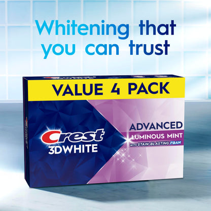 Crest 3D White Advanced, Teeth Whitening Toothpaste for Adults, 3.7 oz, 4 Pack, Cavity Protection Fluoride Toothpaste,