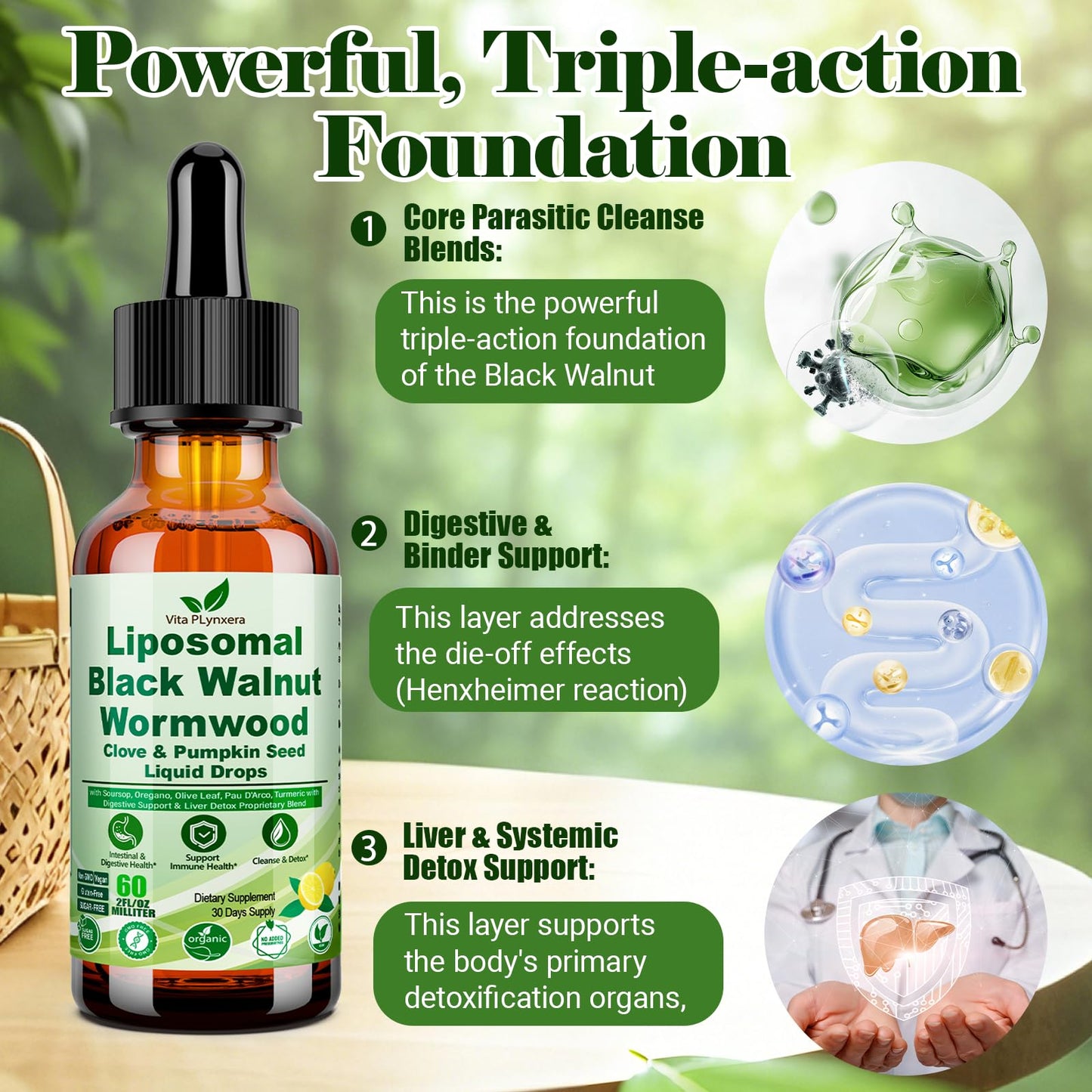 Wormwood Black Walnut Clove Cleanse Drops for Human, 15-in-1 Triple-Action Gut Detox & Digestive Wellness Organic Liquid Tincture w. Soursop PAU