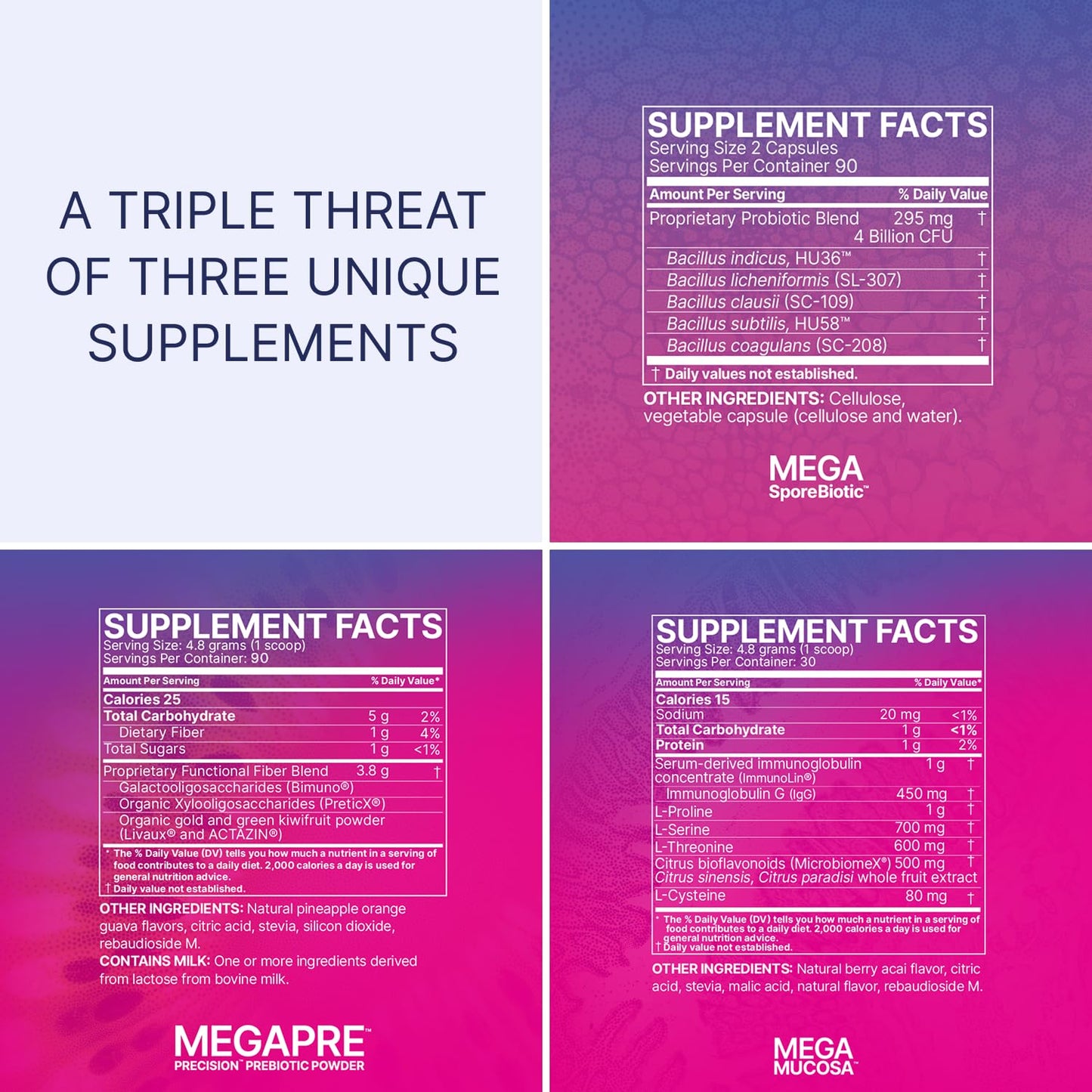 Microbiome Labs Total Gut Restoration Kit (Powder) - 3-Product Gut Health Spore Based Probiotic, Prebiotic Powder & Mucosal Immunoglobulin + Amino Acids Supplement