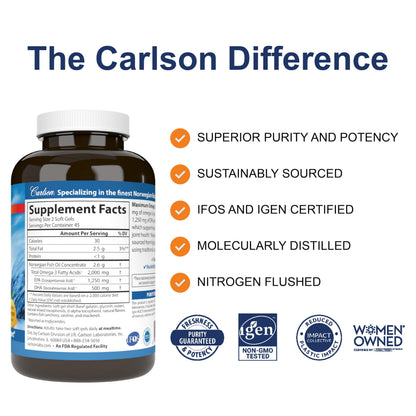 Carlson - Maximum Omega 2000, 2000 mg Omega-3s, Healthy Heart, Brain Function & Vision Support, Lemon, 90 soft gels