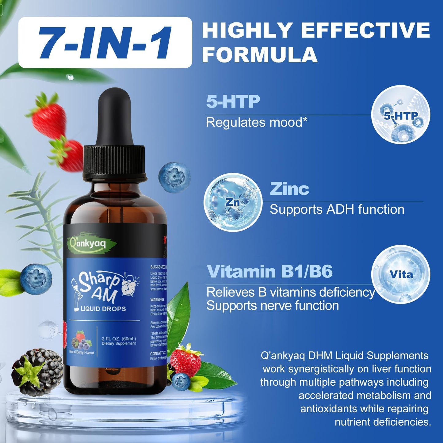 Q'ankyaq DHM Hangover Recovery Liquid Drops with Kudzu Root, NAC, 5-HTP, B Vitamins, and Zinc - Sugar Free and Vegan - 2 fl oz