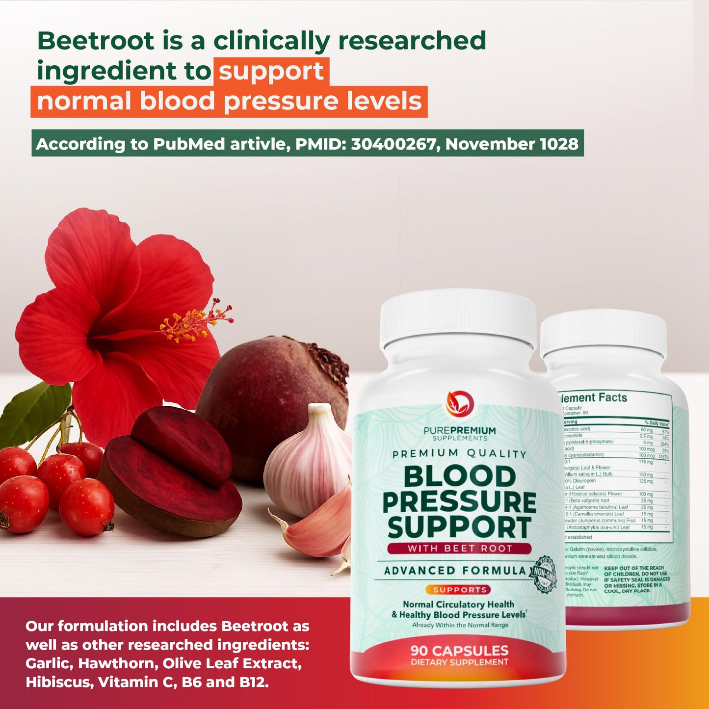 PurePremium Beet Root Capsules for Blood Pressure Support – 14-in-1 Formula with Beetroot Powder, Hawthorn, Hibiscus & Garlic for Normal